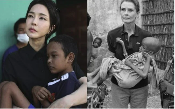 대통령실이 배포한 대통령 부인의 캄보디아 방문 사진(왼쪽)과 유니세프 홈페이지에 실린 헵번을 사진. 텔레그래프지가 한국에서 벌어지는 논란을 소개하며 사진을 합성해 소개했다. 햅번의 시선에는 분노와 슬픔이 담겨 있지만, 대통령 부인의 시선은 허공을 바라보고 있다.  더 텔레그래프지 사이트 캡처