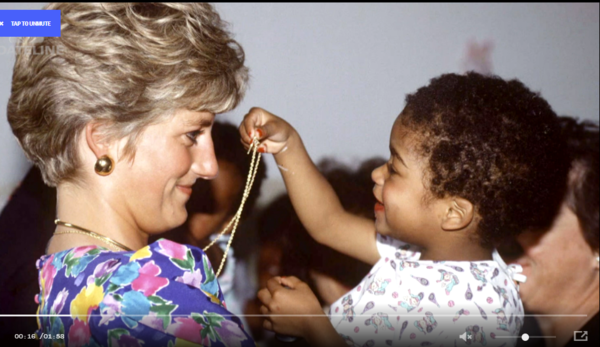 다이애나 영국 왕세자빈이 어린이와 만나고 있는 모습. 역시 시선을 마주보고 있다. 미국 NBC방송의 다이애나 특집의 한 장면이다. NBC는 다이애나가 기억돼야 할 이유의 하나는 자선가이었기 때문이라는 자막을 깔았다. NBC방송 캡쳐