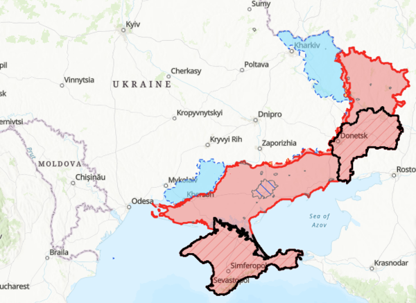 12월 현재 우크라이나 전쟁 현황. 검은색 실선이 러시아가 2014년 1차 침공 뒤 점령한 지역이고 살색 공간이 이번 침공 뒤 점령지이다. 크림반도를 제외하면 우크라이나 남동부 4개주의 일부에 해당한다. 하늘색 은 우크라이나군이 탈환한 지역으로 오른쪽은 동부 하르키우주이고, 아랫쪽은 헤르손시를 비롯한 남부 헤르손주 일원이다.                                                                                         미국 전쟁학연구소(ISW)