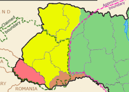 우크라이나 서부. 노란색으로 표시된 5개주가 2차 대전까지 폴란드 영토였던 지역이다. 분홍색은 헝가리에서, 밤색은 루마니아에서 각각 우크라이나에 편입된 영토다.  위키페디아