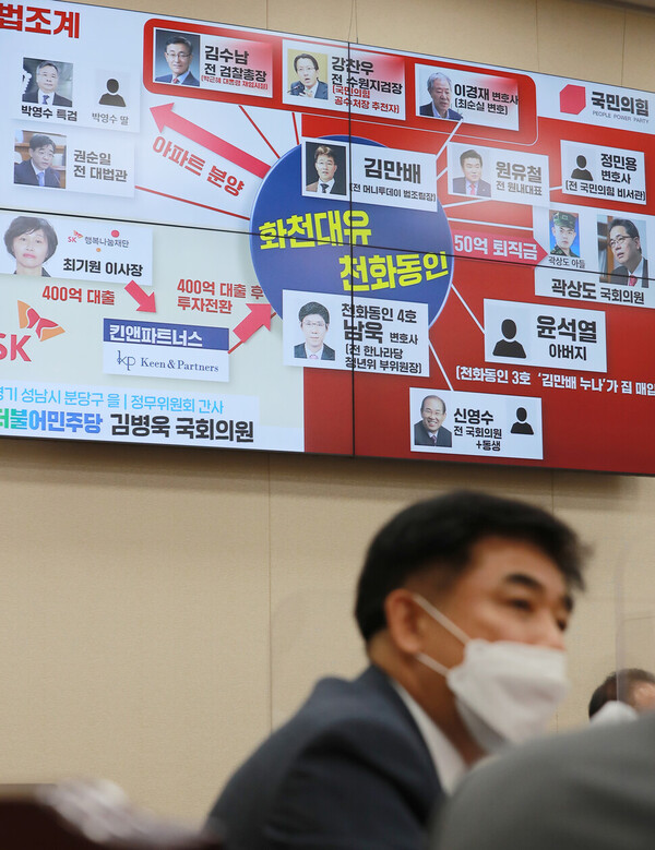 2021년 10월 국회에서 열린 정무위원회의 국무조정실 등에 대한 국정감사에서 김병욱 더불어민주당 의원이 '화천대유·천화동인' 관련 질의를 하고 있다. 2021.10.1. 연합뉴스