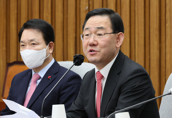 국민의힘 주호영 원내대표가 25일 국회에서 열린 원내대책회의에서 발언하고 있다. 2023.1.25. 연합뉴스