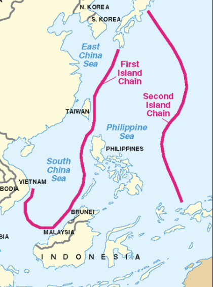 중국이 설정한 제1(왼쪽), 제2 도련선. 미국 국방장관이 2006년 의회에 제출한 '중국 군사력 연례 보고서'에 실린 지도이다. 