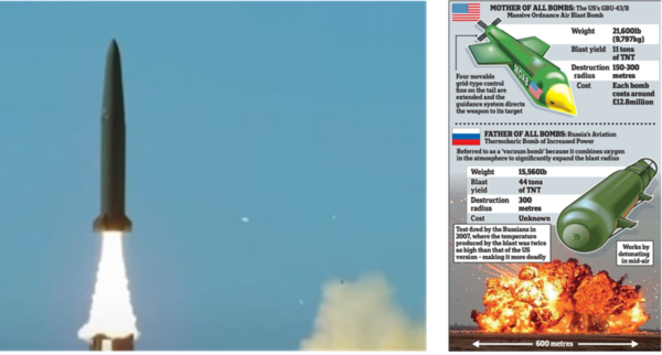 지난해 10월 1일 국군의 날에 공개된 탄도중량 8~9톤인 고위력 재래식 탄도미사일 현무-5의 발사 장면 및 재래식 고위력 폭탄인 미국의 GBU-43(별명 MOAB)와 러시아의 ATBIF(별명 FOAB).