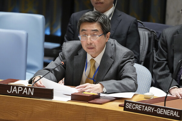 유엔에서 전시성범죄 처벌 촉구하는 이시카네 키미히로 유엔주재 일본대사. 2023 02 06. AP=연합뉴스