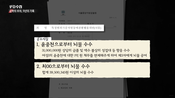  김학의 재판의 주요 주요 두 혐의, 윤중천 뇌물과 최 모씨 뇌물 (MBC PD수첩)