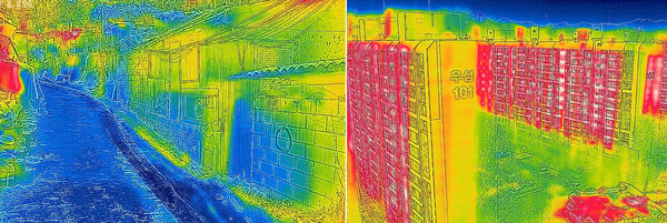 '난방 양극화'를 보여주는 사진. 열화상 카메라로 촬영한 서울 노원구 중계동 백사마을(왼쪽)과 서울 시내의 한 아파트 단지(오른쪽). 온도가 높을수록 붉은색, 낮을수록 푸른색을 나타낸다. 2023.1.27