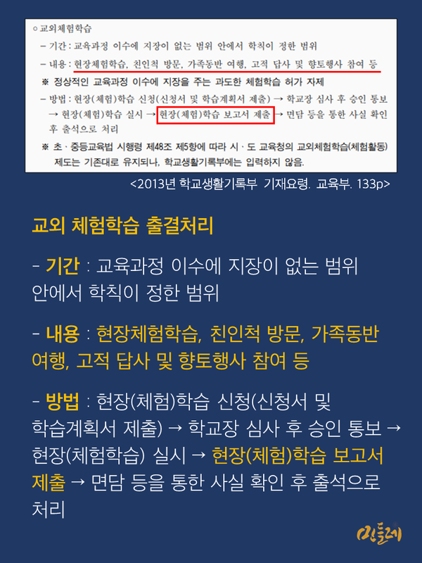 교육부의 '2013년 학교생활기록부 기재요령'. 교외 체험학습의 출결처리는 '체험학습 보고서'로 판단한다. 