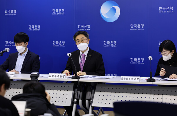지난 21일 서울 한국은행에서 열린 2022년 4분기 가계신용 설명회에서 박창현 금융통계팀장(가운데)이 발언하고 있다. 2023.2.21 연합뉴스