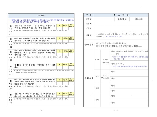 문재인 정부(왼쪽)와 윤석열 정부(오른쪽) 공직 예비후보 사전질문서 1쪽 비교. 문 정부 질문서(왼쪽)는 기본 인적사항 앞에 7대 비리 관련 19문항을 먼저 묻고 있다. 윤 정부는 7대 비리를 삭제하고 질문 문항도 대거 삭제했다. 2023.3.3. 자료 정리 김성진 기자