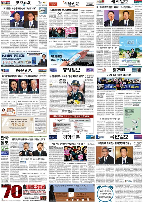 '일제 강제동원 배상' 관련 윤석열 정부의 굴욕적 해법안 발표를 실은 7일자 조간신문들의 1면. 미디어오늘 캡처