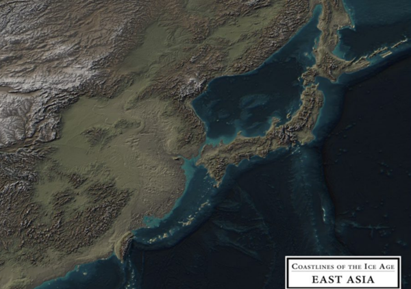  2만 년 전 빙하기에 제주는 지금 한반도·중국·일본과 육지로 연결돼 있었고 동해는 내해였다. ©Vivid Maps