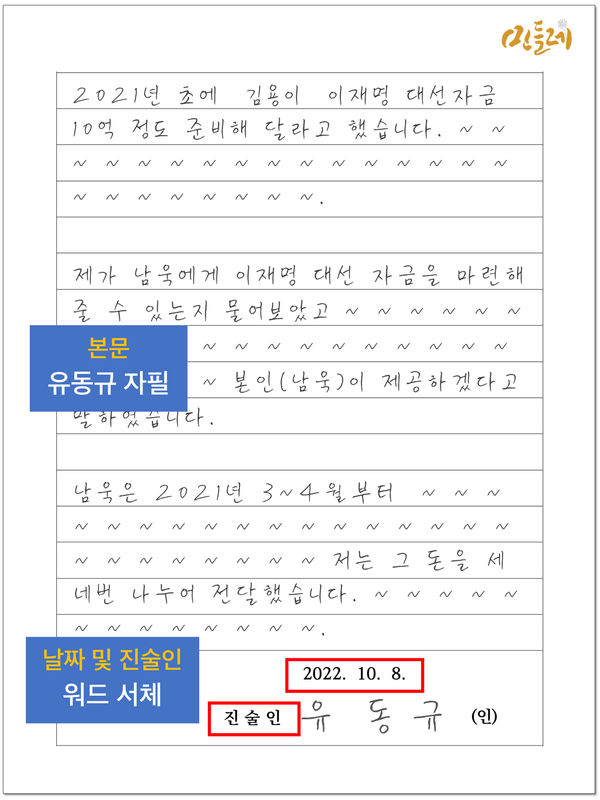 유동규의 자필 진술서의 모사 그래픽. 본문은 유동규의 자필로 되어 있는데 날짜와 진술인, 날인 부분은 워드 서체로 미리 인쇄되어 있다. 그래픽 고일석.