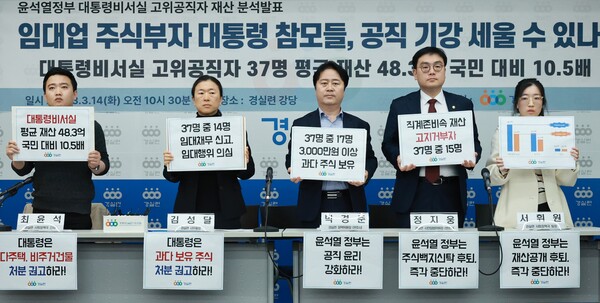 경제정의실천시민연합(경실련) 관계자들이 14일 서울 종로구 경실련 강당에서 윤석열 정부 대통령 비서실 고위공직자의 재산 분석 내용을 발표하기 앞서 메시지가 적힌 손팻말을 들어보이고 있다. 2023.3.14 연합뉴스