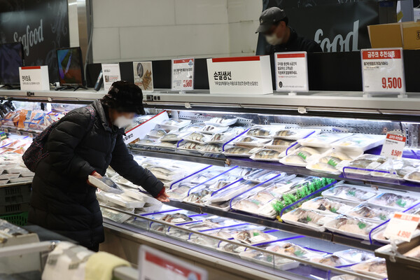 2월 생산자물가는 조기 등 농수산물 가격이 크게 오른 영향으로 전달보다 0.1% 올라 두 달째 상승했다. 사진은 한 시민이 서울 중구 롯데마트 서울역점에서 생선 판매대를 살피고 있는 모습. 2023.1.12. 연합뉴스