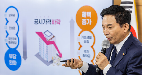 원희룡 국토교통부 장관이 22일 오후 서울 종로구 정부 서울청사에서 2023년 공동주택 공시가격 산정 결과 및 영향을 발표하고 있다. 2023.3.22. 연합뉴스