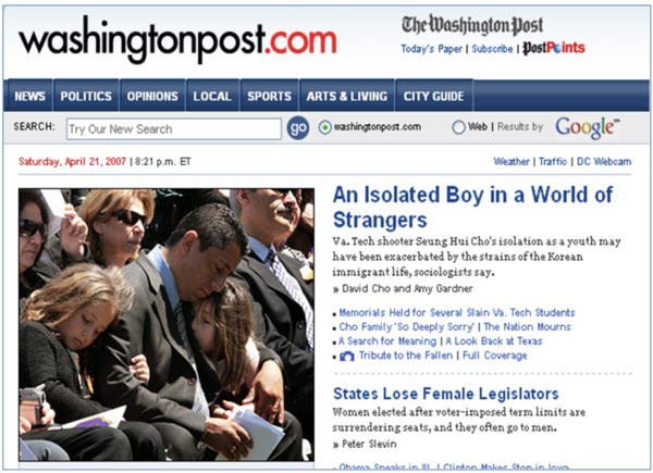 조승희 총기난사사건 당시 〈워싱턴포스트〉는 ‘이방인 세계에서 고립된 소년’이란 제목을 달아 사고의 원인을 근원적인 것에서 찾았다. © Washington post