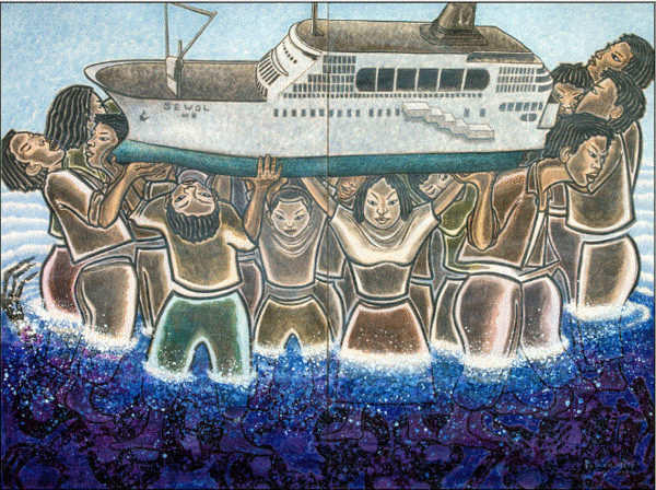 홍성담 화백의 ‘슬픔으로 그린 생명들’의 표제작 ‘꿈’. (162×260cm, 캔버스에 아크릴릭, 2016년) 미룸갤러리 제공