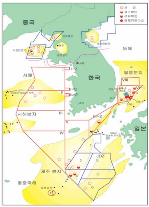 한반도 주변 해역의 석유 가스 시추 현황  출처 : 지식경제부(2009년)