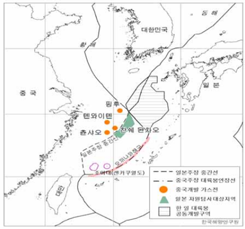중국과 일본의 제7광구 인근 자원 개발 현황  출처 : 한국해양연구원
