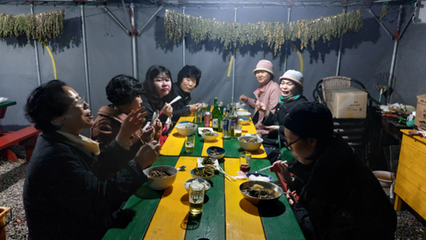 고사리를 꺾으며 지낸 투숙객 등이 지난 4월 6일 우리 부부가 서비스한 고사리·뼈해장국으로 저녁식사를 하고 있다. 바비큐장 천막 안쪽에 시레기를 만들려고 무청을 널어놓았다. © 이봉수