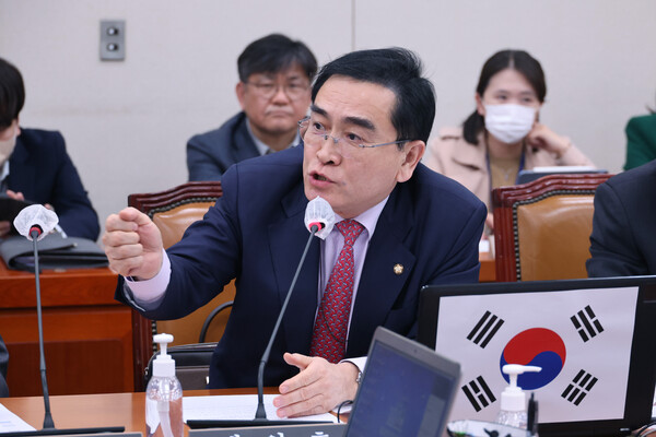 국민의힘 태영호 최고위원이 21일 오후 국회에서 열린 외교통일위원회 전체회의에서 의사진행 발언을 하고 있다. 2023.3.21. 연합뉴스