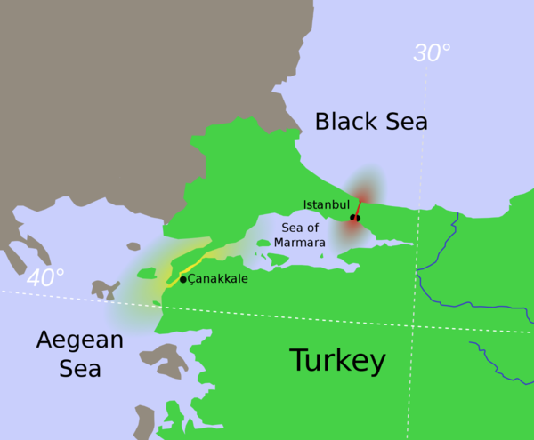 흑해와 지중해를 잇는 보스포러스 해협(빨간 부분)과 마르마라 해 및 다르다넬스 해협(노란 부분). 튀르키예가 몽트뢰 협약에 따라 통제권을 갖고 있는 길목이다. 위키페디아