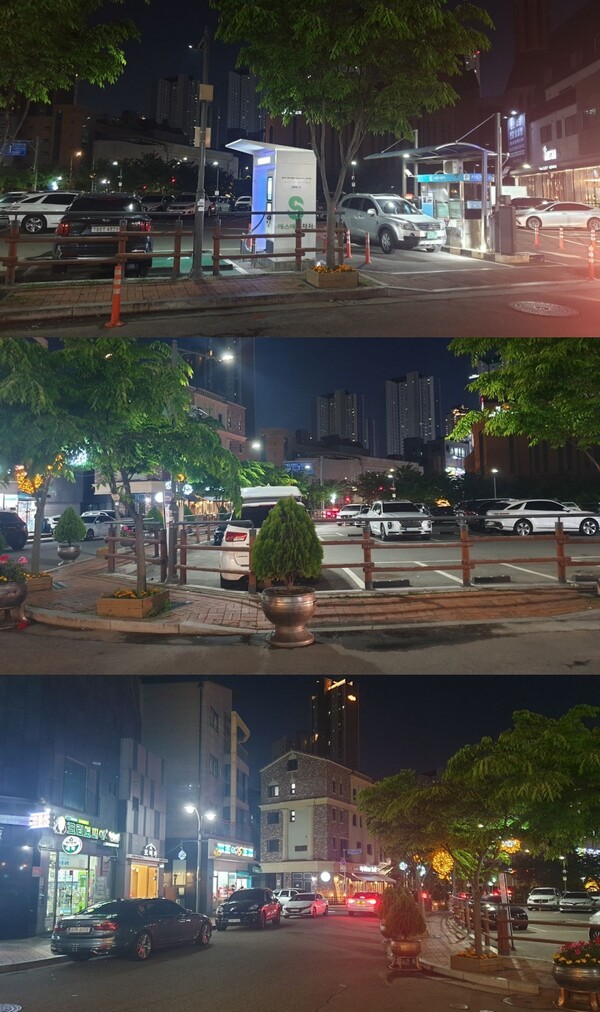 2021년 6월 8일 김용 전 부원장의 주차기록이 있는 광교 카페거리 제1공영주차장. 검찰은 1주일 전 공판에서 이 주자장이 대로변에 있는 노상주차장이라고 주장했지만, 변호인단의 확인 결과 출입차단기와 울타리가 설치된 폐쇄형 주차장이었다. 맨 아래 사진은 주차장을 옆에 두고 상가에 주차해있는 모습. 사진 김용 전 부원장 변호인단 제공.