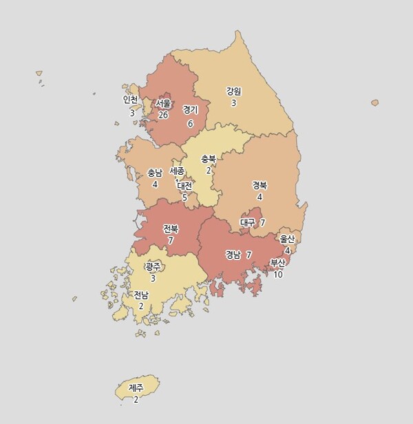 2022년 5월 10일부터 2023년 5월 10일까지 네이버 포털에서 시국선언으로 검색한 기사 2245건 전수조사 결과를 지역별로 분류한 그래픽. 통계청 통계지리서비스를 통해 구현했다. 이 외에도 전국 단위로 8건의 시국선언이 이뤄졌고, 해외에서도 3건의 시국선언이 있었다. 2023.5.12. 김성진 기자