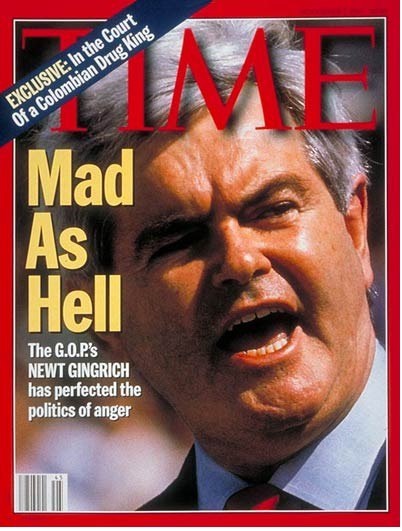94년 선거 직후 타임지 표지의 깅그리치. ‘미치광이,’ ‘적개심의 정치학’ 같은 캡션이 그가 누구인지를 말해준다.