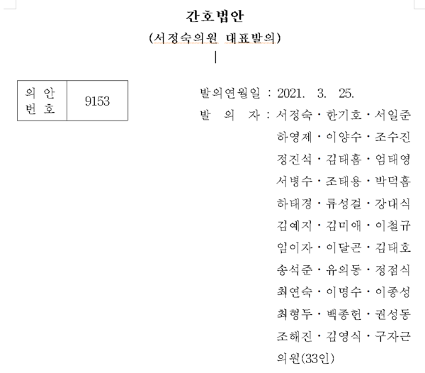  2021년 3월 국민의힘 서정숙 의원이 대표 발의했던 간호법안에 공동 발의자로 참여한 의원 33명은 전원 국민의힘 소속이었다. 국회 홈페이지 의안 검색