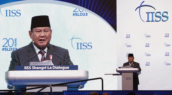 아시아다자안보회의에서 3일 연설하는 프라보워 수비안토 인도네시아 국방장관. 2023 06 03. EPA 연합뉴스