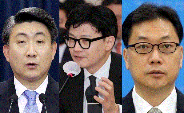  왼쪽부터 이동관, 한동훈, 조성은. 연합뉴스 자료사진