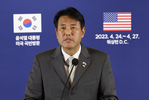 김태효 국가안보실 제1차장이 26일(현지시간) 미국 워싱턴DC 한 호텔에 마련된 프레스센터에서 한미 정상회담 결과를 브리핑하고 있다. 2023.4.27. 연합뉴스