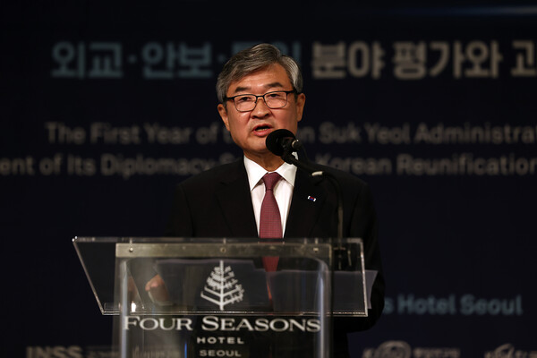 조태용 국가안보실장이 지난 9일 서울 종로구 포시즌스 호텔에서 열린 4개 국책연구기관 학술회의에서 기조연설을 하고 있다. 2023.6.9. 연합뉴스 