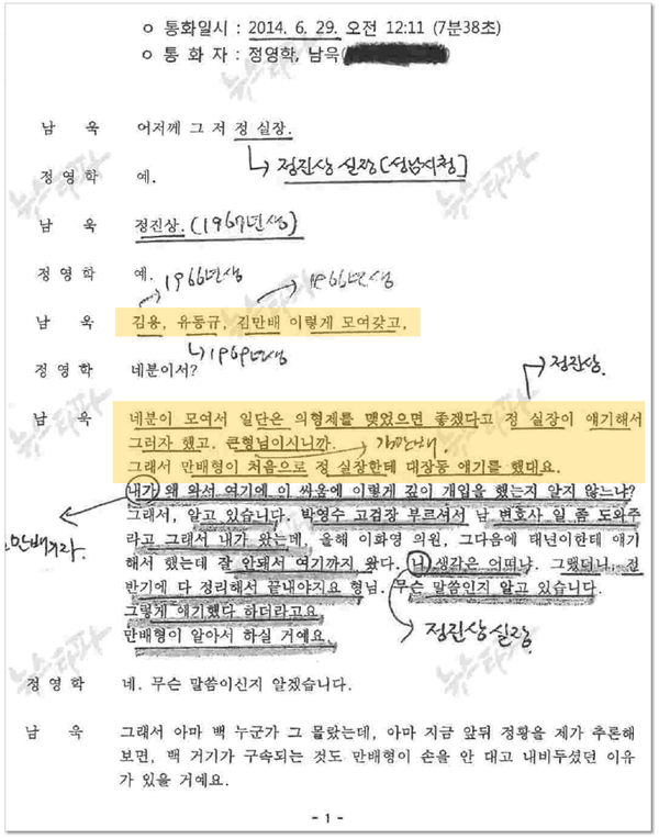 '의형제' 논란의 시초가 된 2014년 6월 29일 '정영학 녹취록'. 김만배 씨는 이 녹취록의 박영수 고검장, 이화영 의원 등에 대한 남욱 변호사의 언급은 "다른 맥락에서 한 얘기를 남욱이 짜깁기 한 것"이라고 말했다. 