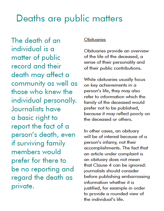 영국 독립언론표준기구(IPSO)의 사망 보도지침 중 개인의 죽음을 공적 기록 사안으로 규정한 대목