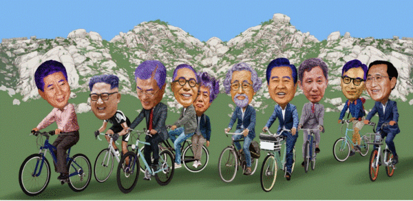 ‘자전거를 탄 사람들’ (이하 작)  ▲작가의 말 “나는 대한민국이 세계 최강의 국가가 되었으면 좋겠다. 정말 너무나 간절하게 그리 되었으면 좋겠다. 어느 정부도 감히 비교할 수 없는 국력과 문화력과 외교력과 민주주의 수준을 갖춘 국가가 되었으면 좋겠다. 내가 원하는 최고의 국가는 제국주의 국가를 말하는 것이 아니다. 품질좋고 매력적인 상품을 전세계로 수출하여 인류의 삶을 윤택하게 해주고, 감동과 즐거움이 담긴 문화상품을 수출하여 인류의 영혼을 살찌우고, 가난과 전쟁과 기아가 있는 곳을 찾아가 인간애로 그들을 품어주는, 민주주의 그 이상의 민주 시스템을 선도하고 실천하는 국가, 나는 정말로 대한민국이 그런 국가가 되었으면 좋겠다.”