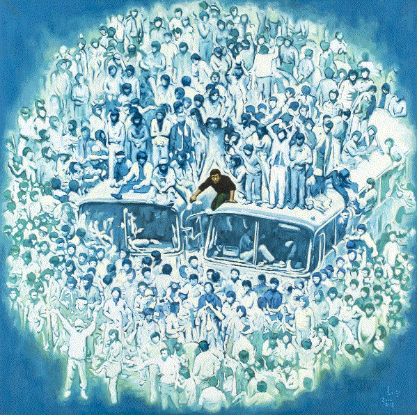 ‘광장’ (정희승 작, oil on canvas)  ▲작가의 말 “1980년 5월 금남로. 18살 되던 해. 그 때 나는 그 거리 어딘가에 있었다. 집단 발포가 있기 전 계엄군과 대치하고 있는 시민들의 모습. 당시 현장을 기록한 사진을 모티브 삼았지만 직사각형 앵글을 정방형으로 압축하여 팽팽한 긴장감이 느껴지도록 그림에 옮겨왔다. 부당한 국가폭력에 맞서는 민중의 힘, 억압적인 상황에서 벗어나고자 하는 해방감, 그리고 이 모든 역동적인 느낌을 전달하기 위해 그림 한가운데로 시선을 모으고 싶었다. 연녹색과 청색으로 덮은 단색조의 형상들이 화면 대부분을 차지하고 있다. 기억 속에 남아있는 과거의 역사 현장이다. 희미해지는 그 날의 기억 속에 서있는 익명의 존재들. 단색조 형상들의 틈을 열고 천연색으로 살아나는 인물은 작가인 내 모습이거나, 그림을 바라보는 누군가 일 수 있다. 우리는 지나간 역사 속에서 걸어 나오고, 혹은 그 안으로 걸어 들어가기도 해야 하는 것이다.”