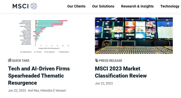 모건스탠리캐피털인터내셔널(MSCI)은  22일(현지시간) '2023년 연례 시장 분류 결과'를 발표했다. 한국은 올해에도 선진국(DM) 지수에 편입되지 못했다. 사진은 이날 분류 결과를 발표한 MSCI의 홈페이지 화면.