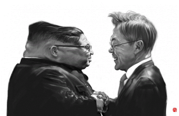 ‘다른모습 같은생각’ (노호룡 작) ▲작가의 말 “우리의 평화는 우리손으로! 모습은 다르지만 같은 생각…. 다시 맞잡은 손을 간절히 바래봅니다. 2018년 5월 기쁜날에….”