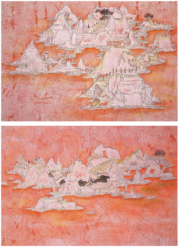 ‘독도의 삶, 그곳은 단단한 우리의 평화다’ (김이슬 작) ▲작가의 말 “우리의 땅이지만 날씨와 운때가 맞아야 갈 수 있는 독도를 날이 좋은날 한번에 만날 수 있었습니다. 2015년 그날은 유난히 맑은날이었습니다. 자연의 아름다움이 싱그럽게 빛을 발하고 있는 이곳은 우리를 지켜주고 작지만 큰 든든한 느낌을 건네주었습니다. 맑고 깨끗한 그 곳은 하나의 파라다이스가 바로 이곳이 아닌가 생각이 들었습니다. 우리의 땅이지만 쉽게 언제나 올 수 없는… 때로는 누군가의 아련한 곳일 수 있다는 생각에 그 모습을 석양이 물들어 또 다른 공간의 색을 입게 되는 시간대로 작업을 했습니다.” 