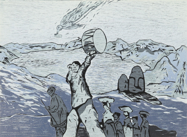 ‘평화통일을 향한 새벽의 춤Ⅱ’ (김영만 작, 목판) ▲작가의 말 “분단된 조국의 아픔을 이겨내고, 후손들에게 평화로운 세상을 물려주기를 희망한다.”