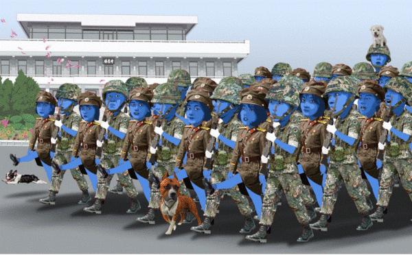 ‘남남북녀 #1’ (이하 작) ▲작가의 말 “남한과 북한의 군인 수는 150만명 이상. 미군 수보다 많다. 통일이 된다면 이 군인들은 뭘하지? 파병을 보내자. 다른 나라를 쳐들어가서 빼앗고 죽이고 약탈하고 파괴해버리자고? 미쳤냐! 힘겨운 나라에 가서 도와주자. 자연재해가 있는 나라에 가서 집을 지어주고 다리를 놔주고 전쟁이 있는 곳에 가서 시민을 보호해주고 낙후된 곳에 가서 학교를, 병원을, 공장을 지어주자. 평화를 지키는 군인이 되자. 나 다시 입대할게.”