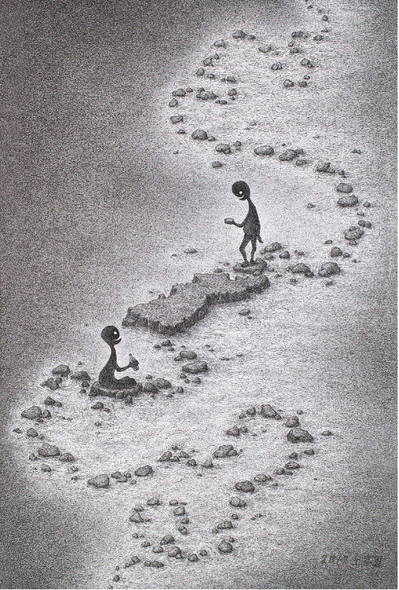 ‘아리랑 징검다리’ (노주일 작) ▲작가의 말 “남과 북이 분단된 후 멀고 먼 길을 돌고 돌아돌덩이 하나씩 놓아 밟으며 여기까지 건너왔지만 우리 서로 서두르지 말고 다리 아프면 쉬었다가도 가고 설레는 마음 술 한잔으로도 달래고 너와 내가 만날 그 날을 향해 한 걸음씩 기쁘게 만나가자. 한반도의 자주와 평화를 위해.”