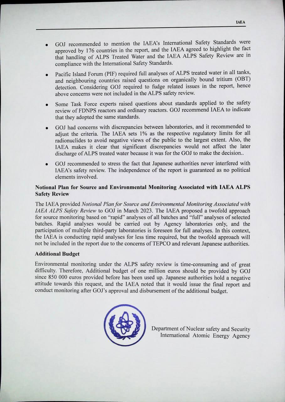 IAEA department of nuclear safety and security에서 작성한 것으로 추정되는 문서 사본. 2023년 6월1일 작성된 이 문서에는 5월22일 일본측에 전달된 최종보고서 초안은 경제산업성, 외무성, 환경성 등 일본정부 부처와 도쿄전력의 회람을 거쳐 수정권고를 받아 보고서에 반영되었음을 보여준다.  