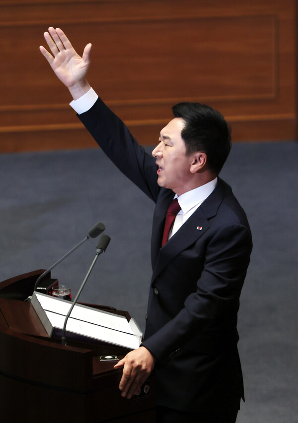국민의힘 김기현 대표가 20일 오전 국회에서 열린 본회의에서 교섭단체 대표연설을 하고 있다. 2023.6.20. 연합뉴스