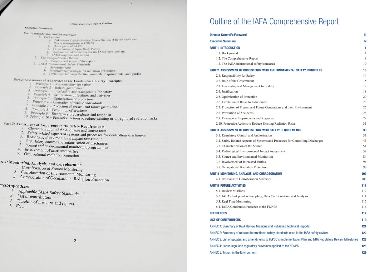 왼쪽이 조르세티가 제보한 최종보고서 초안 목차 사진, 오른쪽이 4일 발표한 IAEA의 최종보고서 목차. 2023.7.4. 김성진 기자