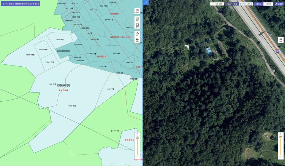 국토교통부 토지이음 서비스에서 본 김건희 씨 일가 땅의 지적도와 위성사진. 왼쪽 지적도의 하늘색 부분이 김 씨 일가의 땅이다. 오른쪽 위성 사진 속 파란색 구조물이 창고용지(병산리 1000-11번지)에 있는 패널 건축물이다. 오른쪽 위에 있는 도로는 중부내륙고속도로다. 그 옆으로 김 씨 일가의 땅으로 들어가는 진입로가 있다. 2023.7.6. 토지이음 화면 갈무리