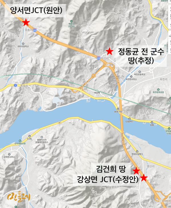 원안과 수정안의 JCT, 그리고 김건희 씨 일가 땅과 정동균 전 군수 땅(추정)의 위치.